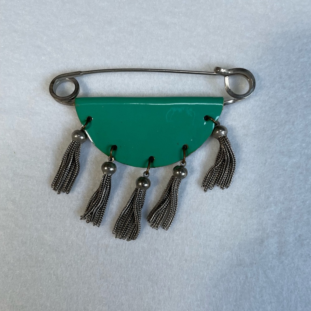 Vintage Teal Safety Pin Brooch – 1980s YSL Style